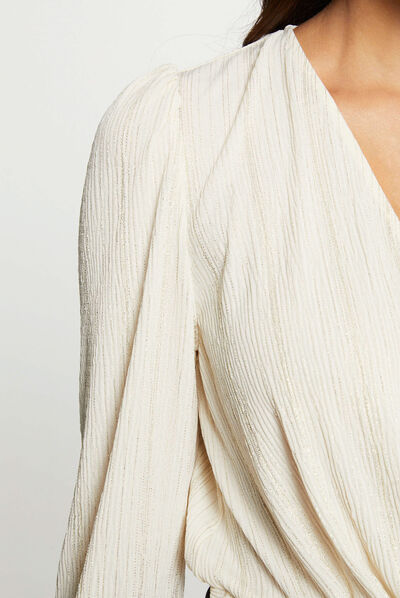 Long-sleeved blouse wrap-over neckline ecru ladies'