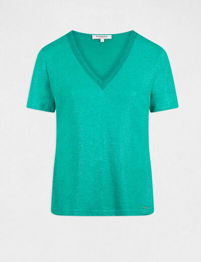 Short-sleeved t-shirt with V-neck mid-green ladies'
