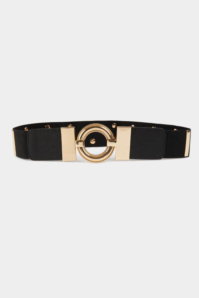 Elasticised belt with round buckle black ladies'