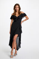 Straight midi dress ruffles navy blue women