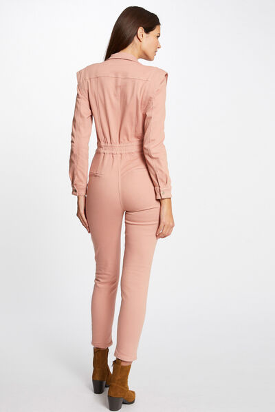 Fitted jumpsuit notched lapel collar antique pink ladies'