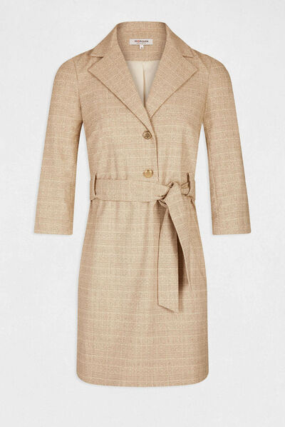Checked belted straight dress beige ladies'