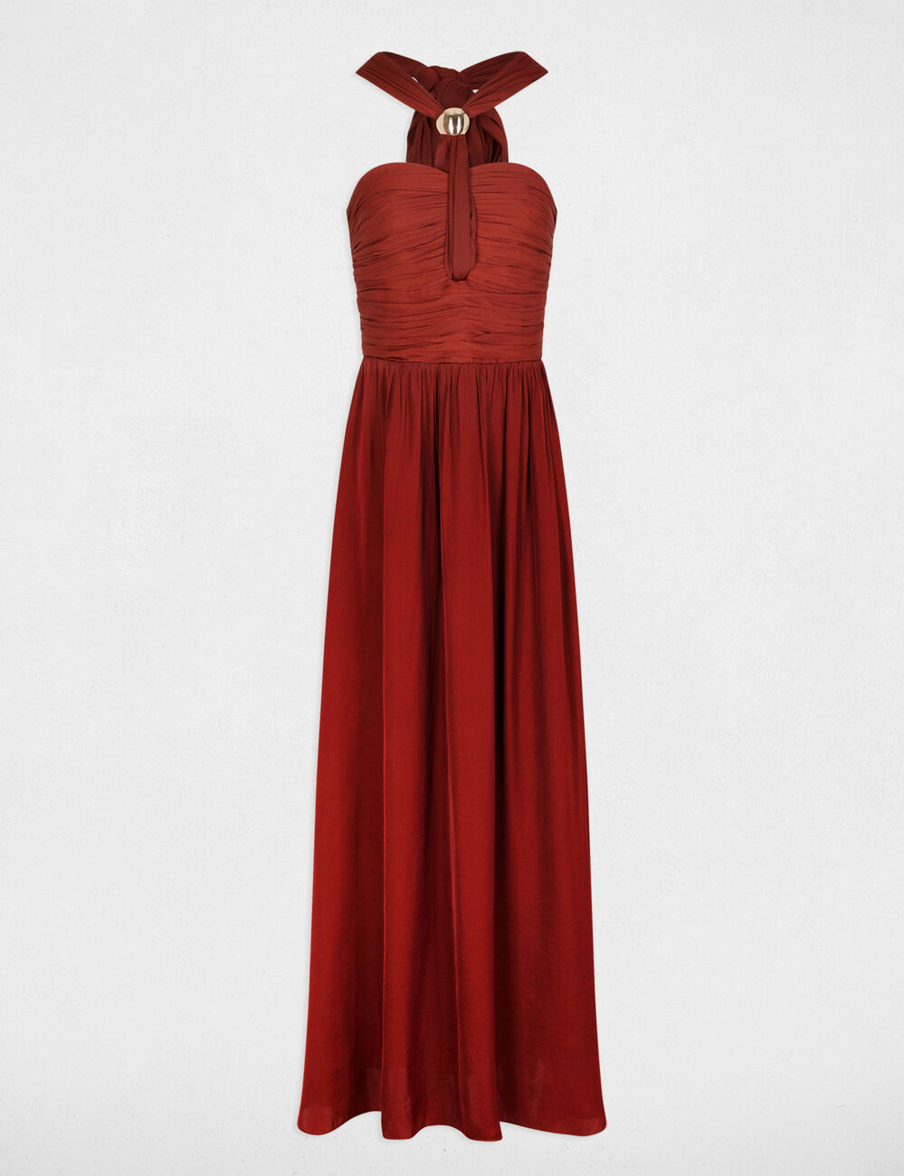 Long dress with tied neck cognac brown women