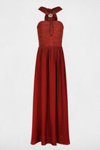 Long dress with tied neck cognac brown women