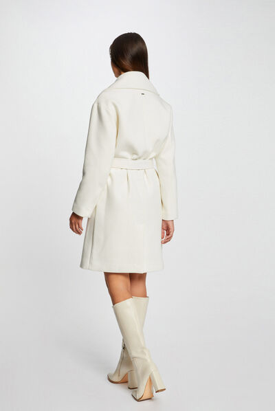 Belted long straight coat ecru ladies'