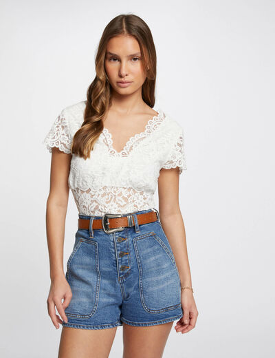 Lace t-shirt with V-neck ecru ladies'