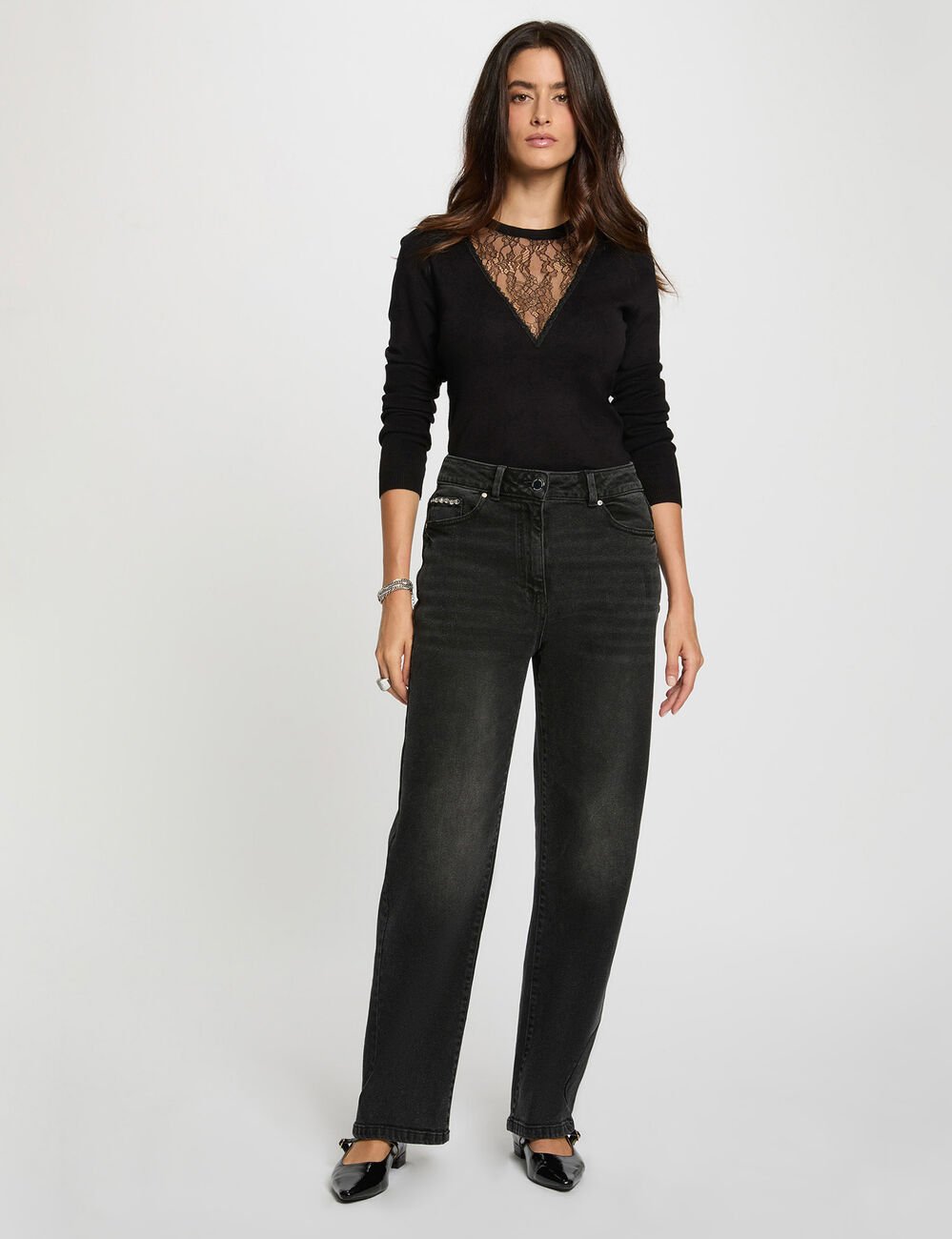 Round neck lace sweater black women