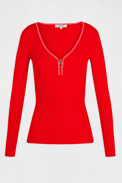 Long-sleeved jumper with V-neck red ladies'