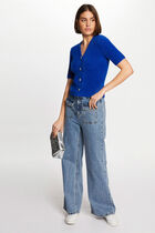 Pull manches courtes à boutons bleu electrique femme