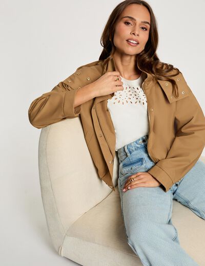 Cropped jacket with high neck camel women