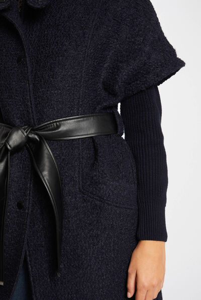 Straight belted coat with short sleeves navy ladies'
