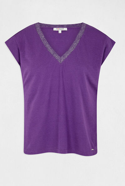 Short-sleeved t-shirt with V-neck dark purple ladies'