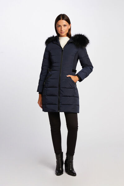 Waisted padded jacket with hood navy ladies'