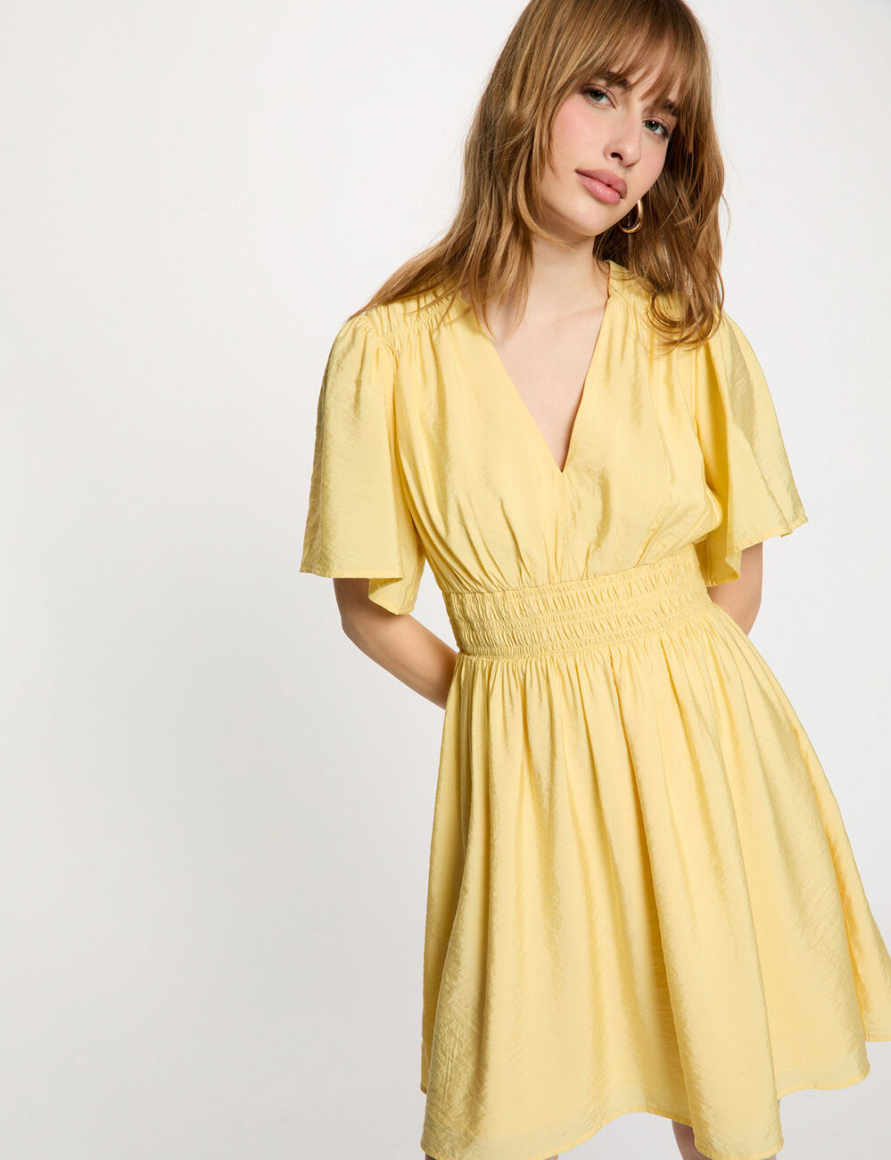 Pleated short dress light yellow women
