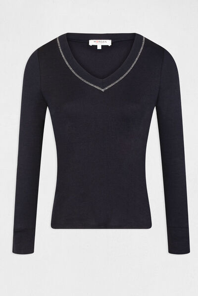 Long-sleeved t-shirt with V-neck navy ladies'