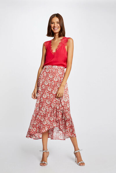 Midi A-line skirt with floral print red ladies'