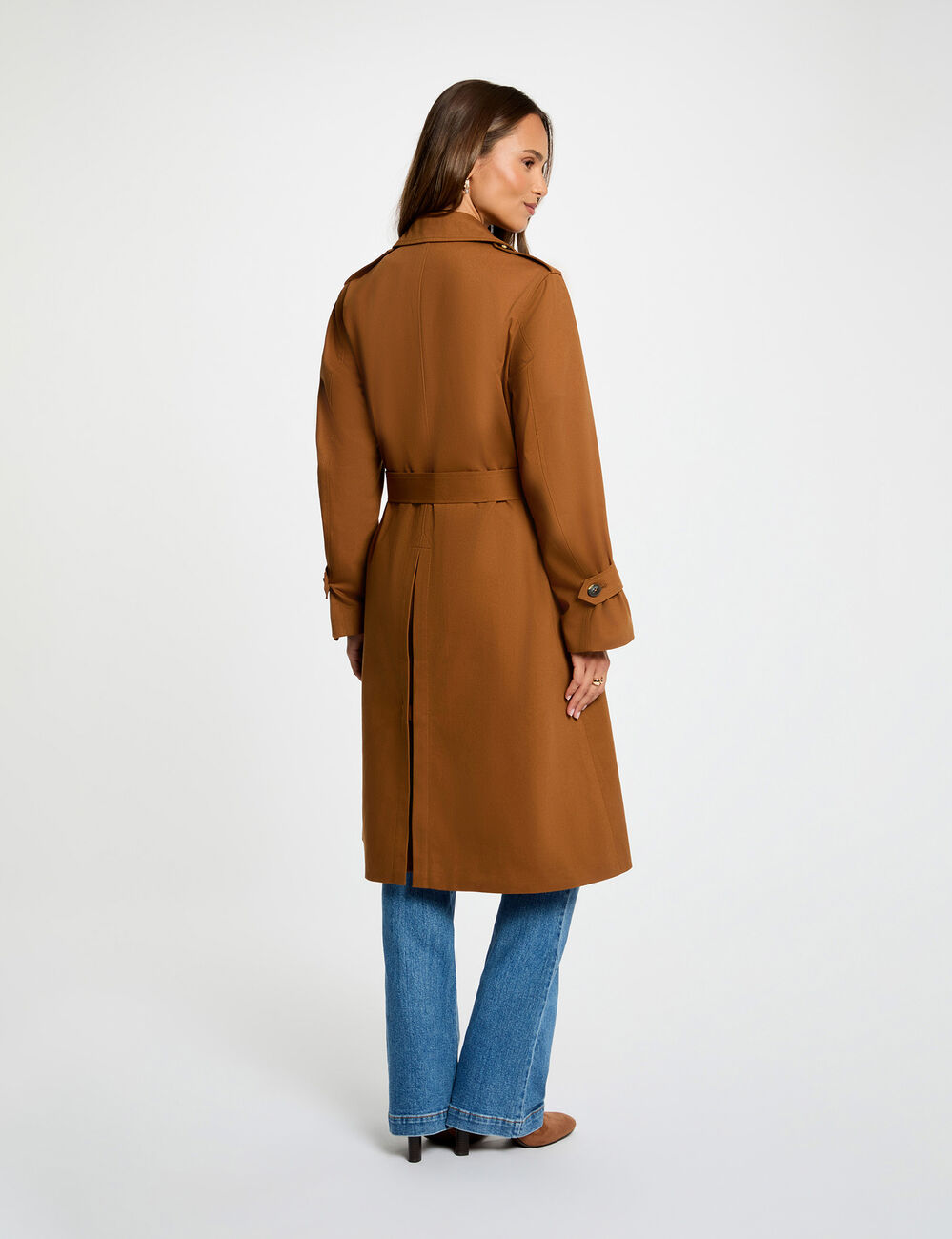 Long trench coat with tailored collar cognac brown women