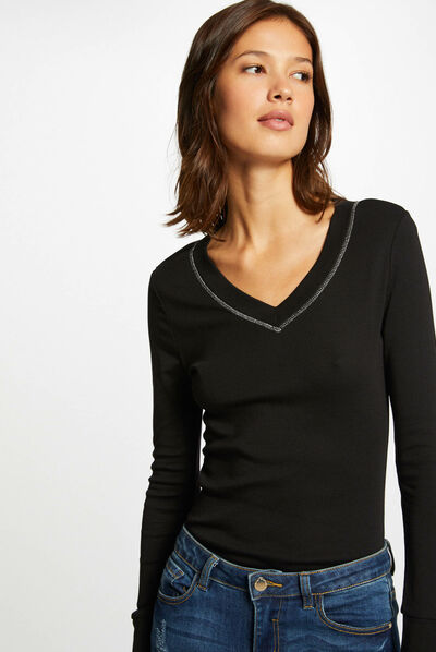 Long-sleeved t-shirt with V-neck black ladies'