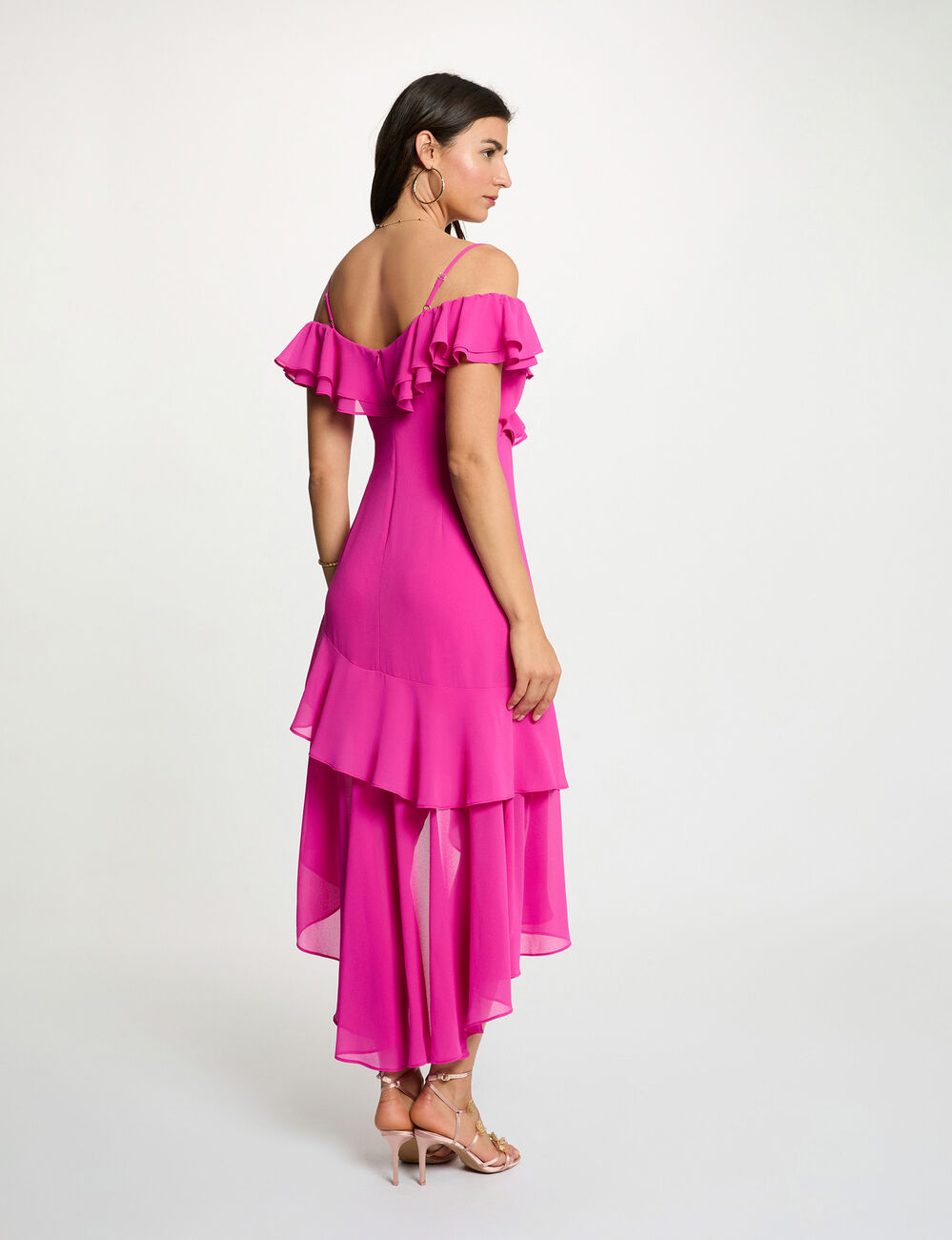 Straight midi dress ruffles raspberry pink women