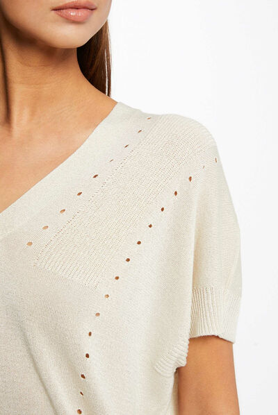 Short-sleeved jumper with V-neck beige ladies'