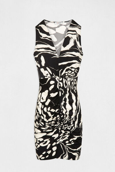 Shirred fitted dress abstract print black ladies'