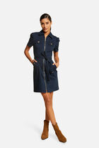 Robe droite zippée ceinturée en jean jean brut femme