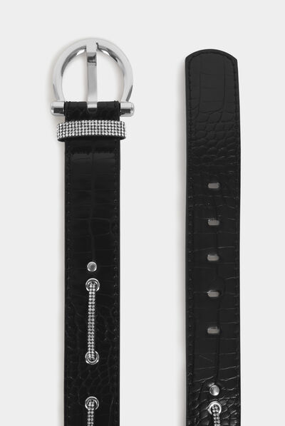 Belt with croc effect and rhinestones black ladies'