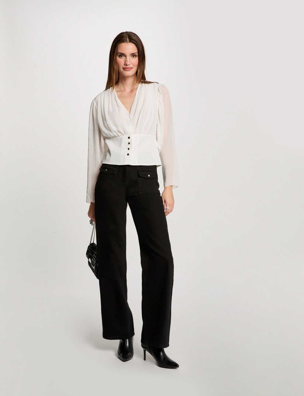 Blouse manches longues drapée blanc femme