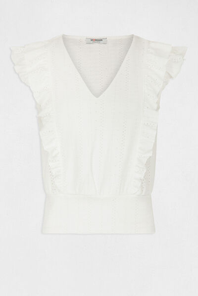 Short-sleeved t-shirt with ruffles ecru ladies'
