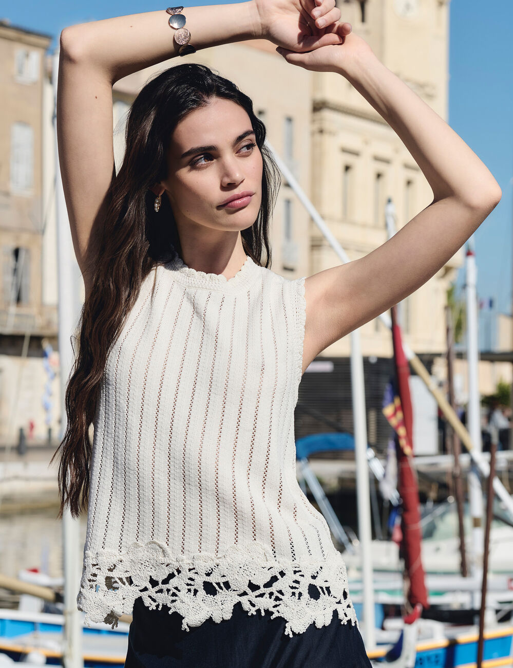 Sleeveless ribbed top cream women