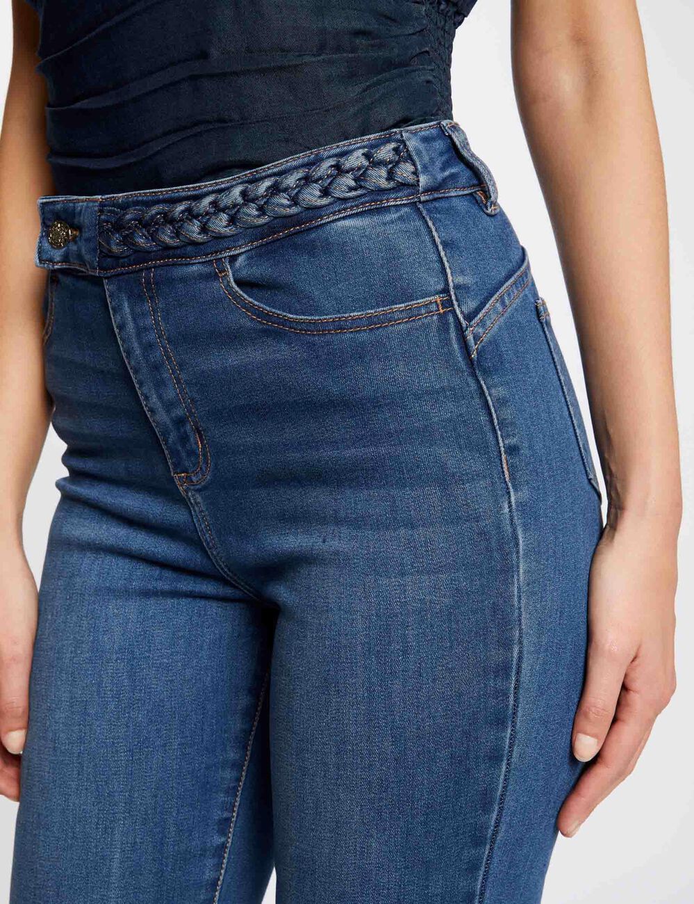 Straight jeans with braided details denim stone women