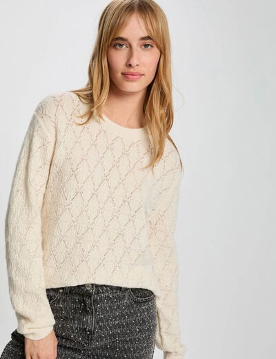 Fancy round neck sweater ivory women