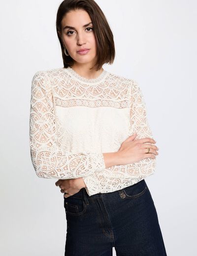 Long-sleeve lace t-shirt ivory women
