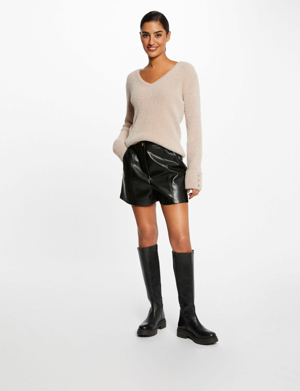 Long-sleeved jumper with V-neck light pink women