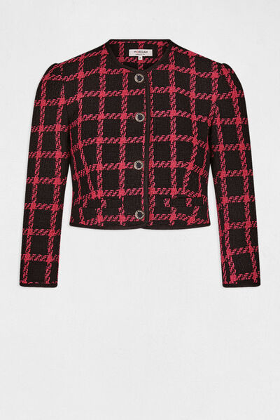 Checked straight jacket with round neck black ladies'