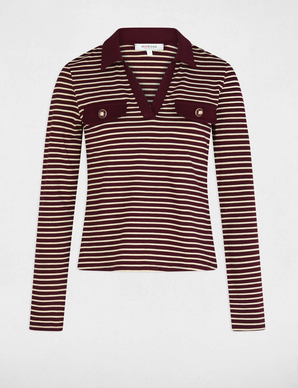 Striped long-sleeved polo bordeaux women