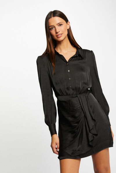 Satin draped straight dress black ladies'