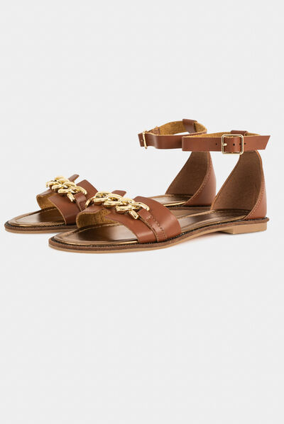 Flat sandals with chain detail chestnut brown ladies'