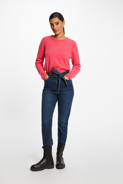 High-waisted belted regular jeans stone denim ladies'