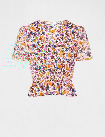Short-sleeved t-shirt floral print ecru women