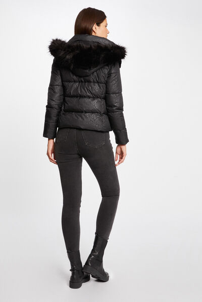 Straight padded jacket leopard print black ladies'