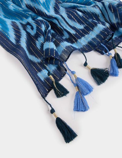 Printed scarf with pom-poms blue women