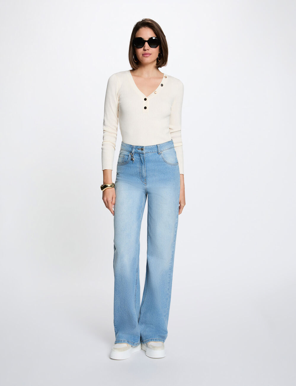 Fitted V-neck sweater ivory women