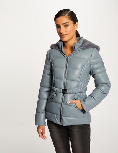 Straight belted padded jacket with hood blue ladies'