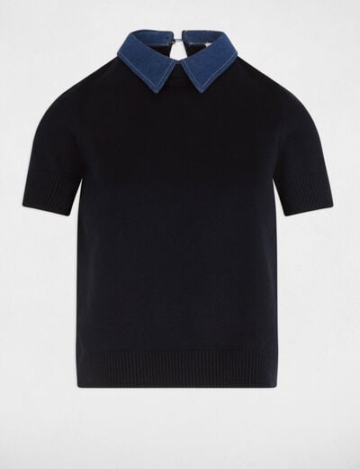 Cropped sweater with shirt collar navy blue women