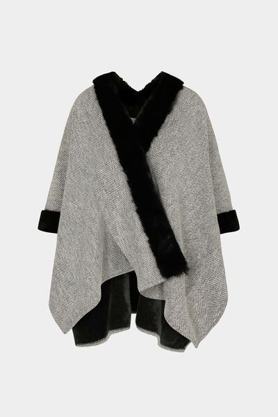Cape with faux fur details ecru ladies'