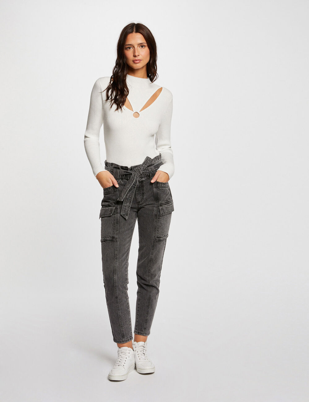 Long-sleeved jumper with openings ecru women