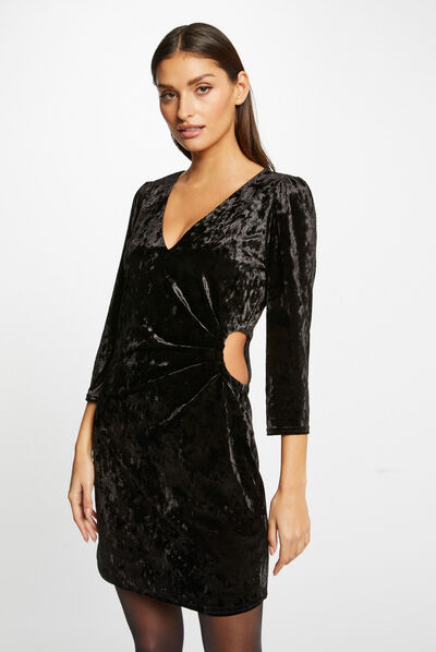 Velvet straight dress with opening black ladies'