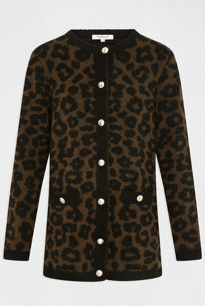 Mid-length cardigan leopard print black ladies'