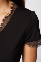 V-neck buttoned lace t-shirt black women